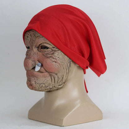 Masque en Latex drôle pour grand-mère fumer, vieux Nana, dame grand-mère avec visage froissé et écharpe rouge, accessoires de Costume de fête d'halloween