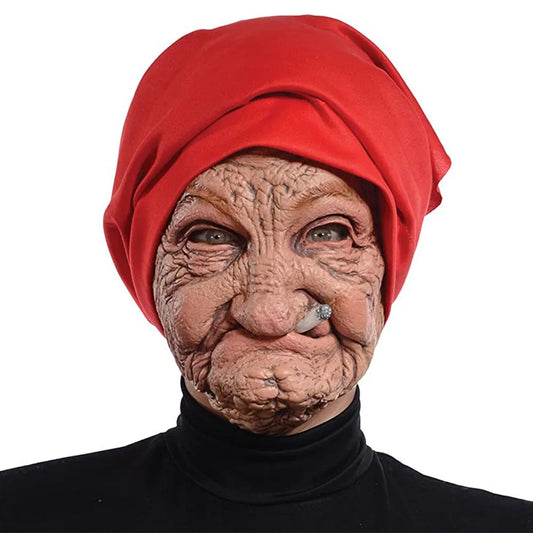 Masque en Latex drôle pour grand-mère fumer, vieux Nana, dame grand-mère avec visage froissé et écharpe rouge, accessoires de Costume de fête d'halloween