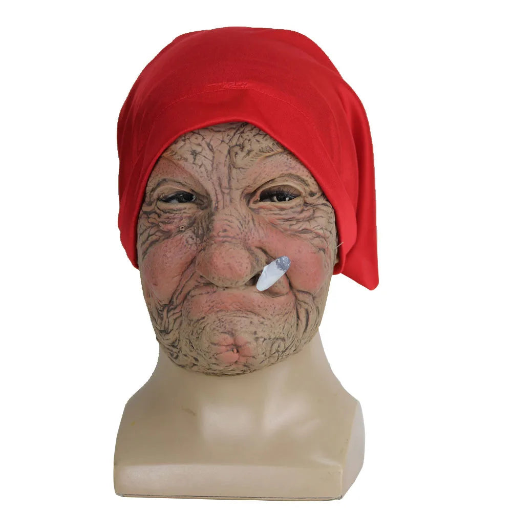 Masque en Latex drôle pour grand-mère fumer, vieux Nana, dame grand-mère avec visage froissé et écharpe rouge, accessoires de Costume de fête d'halloween